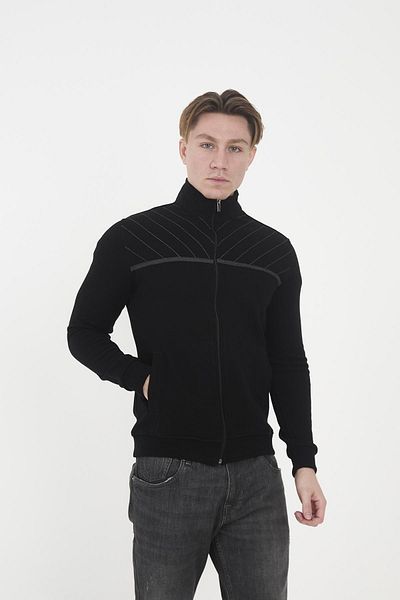 Maccali Men's Echowave Striped Stand Collar Zip-Up Solid Black Sweatshirt