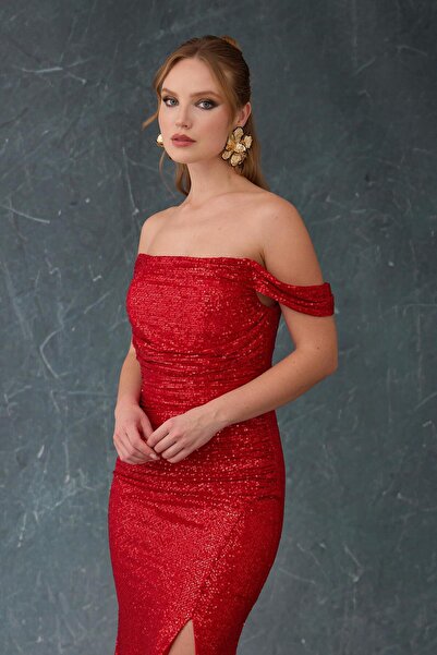 Carmen Kırmızı Düşük Kollu Payet Abiye Elbise