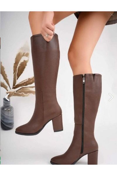 motto store Women's Heeled Long Boots Women's Black Zippered Below the Knee Length Heeled Boots Heel Height 9 cm