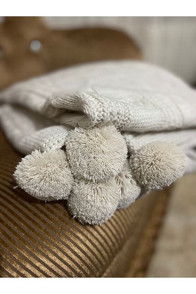 YGT Home Derya 10 Pompom Knitwear Stone Blanket Tv Sofa Decor 130X170 - Leg Shawl and Seat Cover