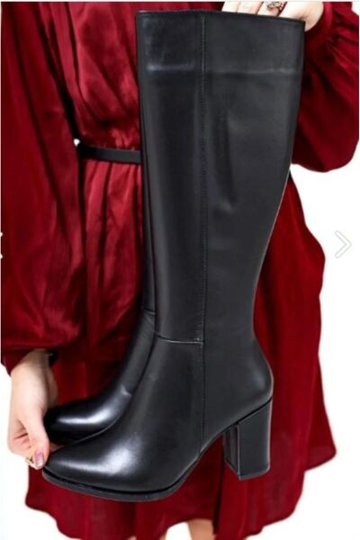 ESPEDA Kadın Topuklu Uzun Çizme Kadın Siyah Fermuarlı Diz Altı Boy Topuklu Çizme 0336