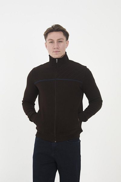 Maccali Men's Echowave Striped Stand Collar Zip-Up Plain Brown Sweatshirt