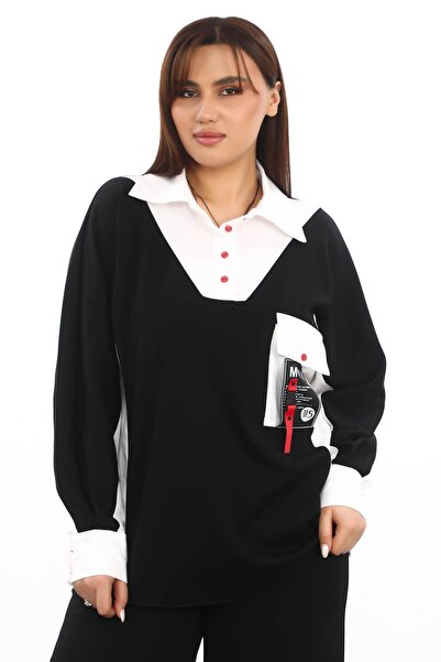 Zer Otantik Shirt Collar Plus Size Tunic Black-White