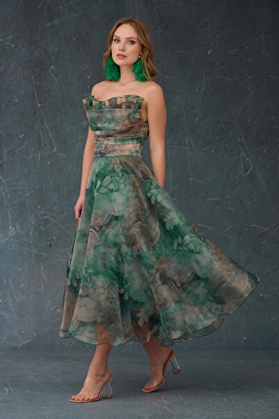 Carmen Yeşil Pliseli Organze Abiye Elbise