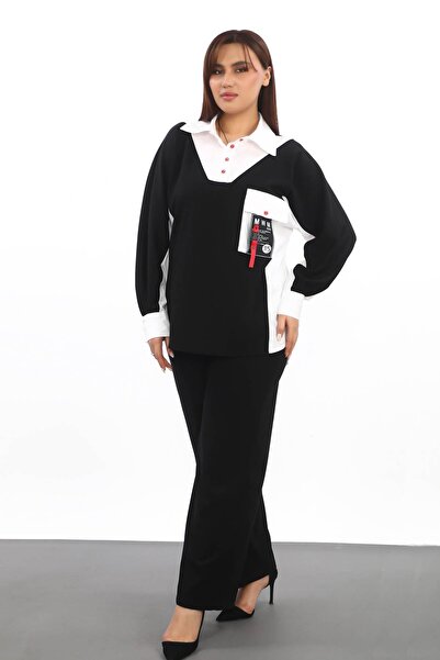 Zer Otantik Shirt Collar Plus Size Tunic Black-White