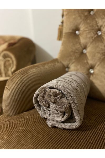 YGT Home Begonia Mink Knitwear Tv Blanket - 4 Pompom Knitted, 130X170 Knee Blanket, Sofa Shawl