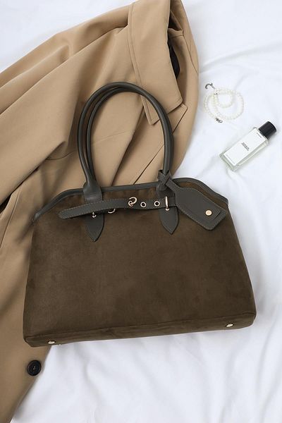 Mopia Ester Khaki Suede Women's Lock Detailed Hand and Shoulder Bag