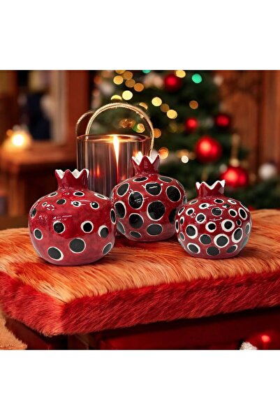 AYGEN YILBAŞI HEDİYELİK HANDMADE ÇİNİ TASARIM NAR SET KIRMIZI DEKORATİF BİBLO...
