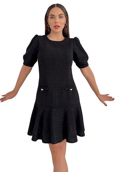 Moda Amore Γυναικείο φόρεμα Midi από ύφασμα Tweed - Κοντό μανίκι και λεπτομέρεια τσέπης 029