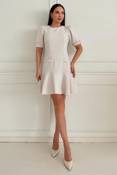 ZISHAN Tweed Fabric Midi Length Crew Neck Pocket Detail Women's Dress 029