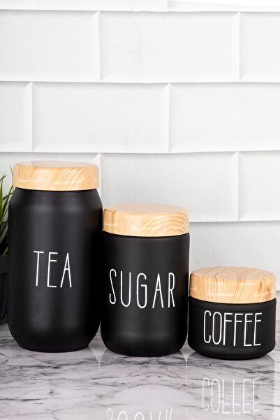 dnshome 3'lü Siyah Cam Kavanoz Seti Çay Şeker Kahve Saklama Kavanozu 350 - 65...