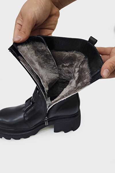 Venüs 2153923 Kürklü Siyah Deri Bot  - Venüs