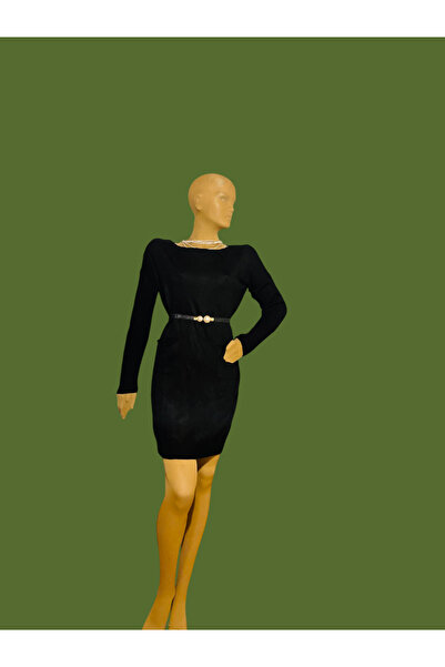 ÖzOksijen Elbise,Siyah Renk,Cizgi Yaka,Uzun Kollu,Iki Cepli,Örme Triko Tunik Elbise