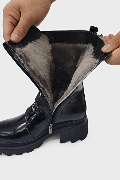 Venüs 2153923 Kürklü Rugan Siyah Deri Bot  - Venüs