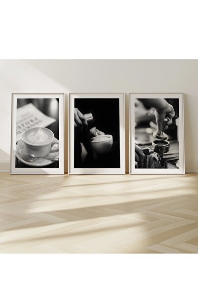 Home 3'lü Restoran Dekoru, Filtre Kahve, 3'lü Barista Siyah Beyaz Duvar Dekor...