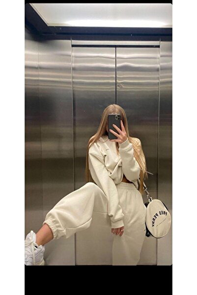 Butik Kadın Bisiklet Yaka Içi Pamuklu Fit Slim Basic Beyaz Sweatshirt