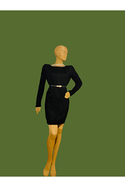 ÖzOksijen Elbise,Siyah Renk,Cizgi Yaka,Uzun Kollu,Iki Cepli,Örme Triko Tunik Elbise