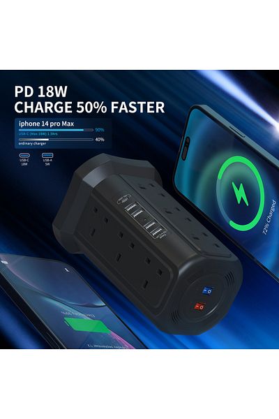 Choice 110-250v Uk 12 Black 1.8m Cable Tower Extension Lead With Usb Slots With 18w Usb C Fast Charger(5v/3