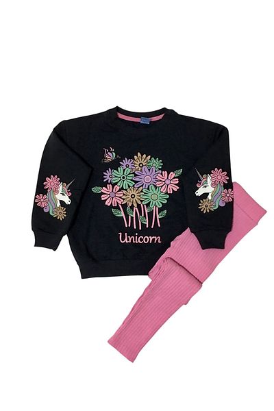 Arya Nisa Kids Girl's Cotton Full Lycra Fabric Pink Corded Leggings Floral Unicorn Figured Tracksuit Set