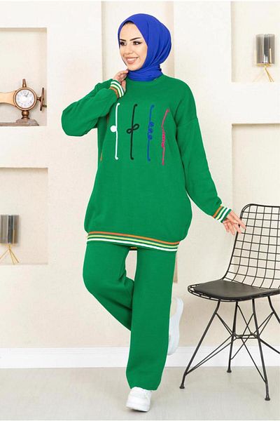 TRENDTESETTÜR Γυναικείο Πράσινο (benetton) Πλεκτό Παντελόνι Σετ με Ριμπ 6922
