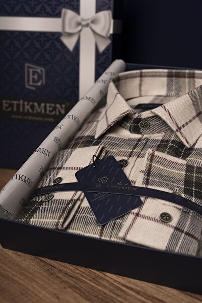 Etikmen Krémzöld mintás Slimfit favágó ing díszdobozzal