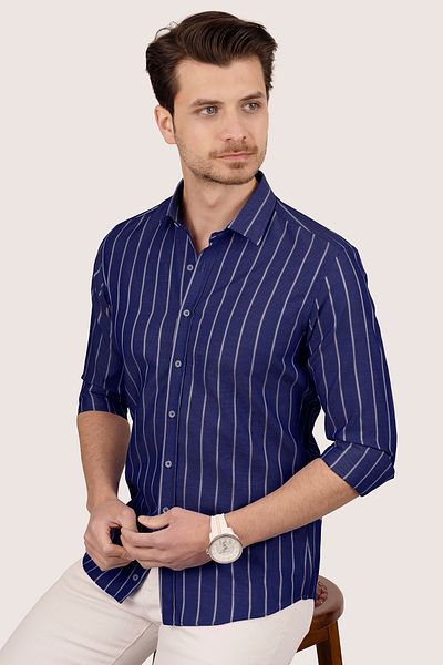 Etikmen Ανδρικό πουκάμισο Slimfit Navy Blue White ριγέ