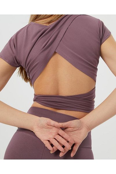 Ayma Active Lilac Back Low-cut Drape Detailed Crop Short Sleeve Blouse