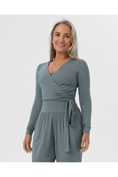 Ayma Active Blue Gray Wrap Waist Crop Blouse