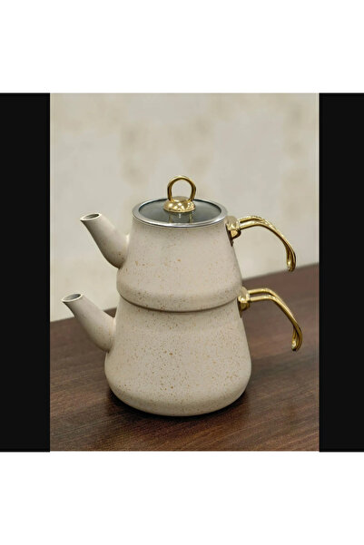YıldırımKitchen Granit Çaydanlık Takımı Gold Kulp (Krem, Bej)