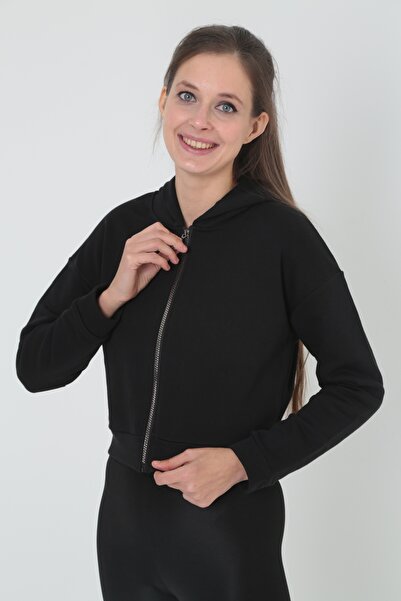 SP SPLASH Haki Renk Kapüşonlu Fermuarlı Crop Sweat Sp-düz