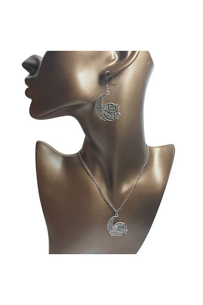Ororabutik Silver Color 32mm Magic Cat Figured Necklace and Earring Set