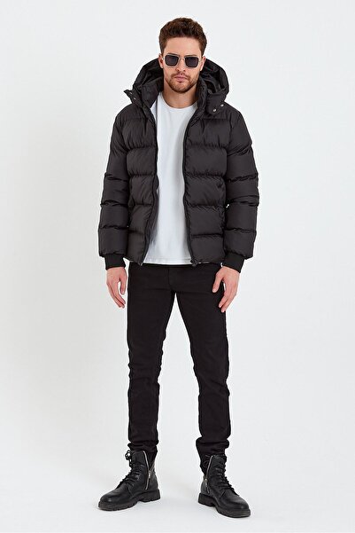 ÖNDER MODA Ανδρικό μαύρο υδάτινο και αντιανεμικό χειμερινό μπουφάν με κουκούλα & παλτό & Parka - 137