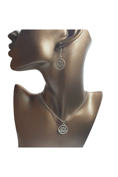 Ororabutik Orora Charms Lotus Flower Figured Silver Color Necklace and Earring Set