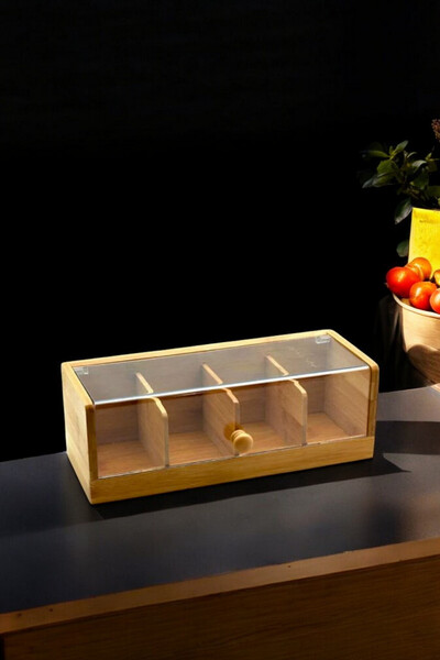 NEWNOW Bamboo Natural Tea Can - 4 Compartments with Clear Lid