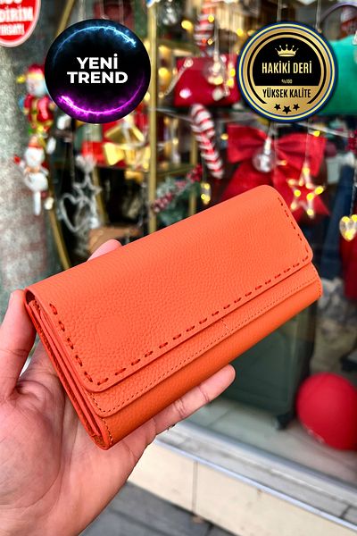 CüzCan Orange Saddler Stitched Genuine Leather Women's Wallet (19X9Cm)
