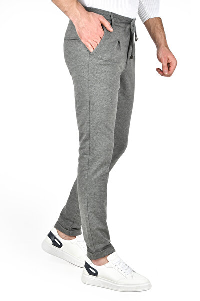 DeepSEA Men's Gray Elastic Waist Slim Fit Lycra Double Leg Combed Cotton Sports Trousers 2502385