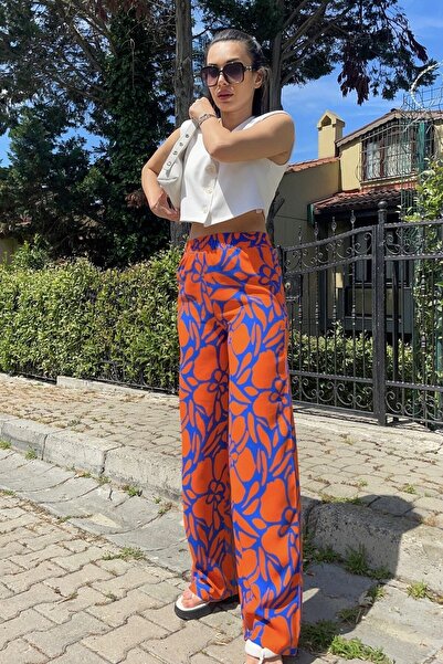 KaSheHa Kadın Turuncu Mavi Yüksek Bel Geniş Paça Viskon Pantolon