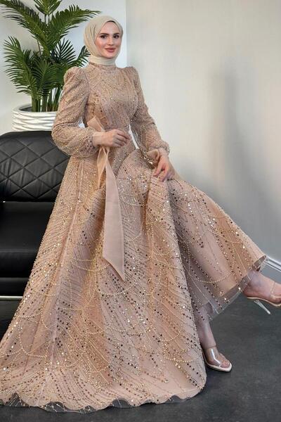 KaSheHa فستان سهرة فيتوريا بلون المنك - أكمام مطرزة بفيونكة