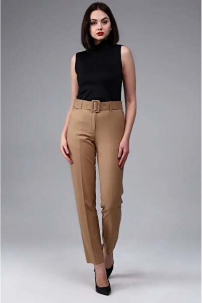 KaSheHa Tan Belted Double Atlas Fabric Carrot Model Trousers 90 cm