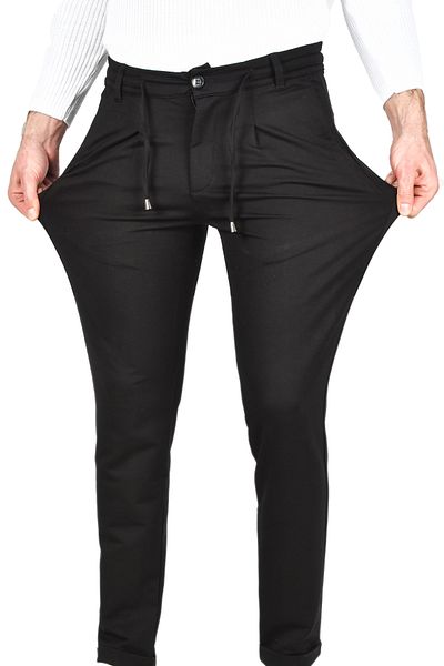 DeepSEA Men's Black Elastic Waist Slim Fit Lycra Double Leg Combed Cotton Sports Trousers 2502385