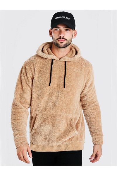 Actiwear Ανδρικό βελούδινο φούτερ με κουκούλα καγκουρό με κορδόνια