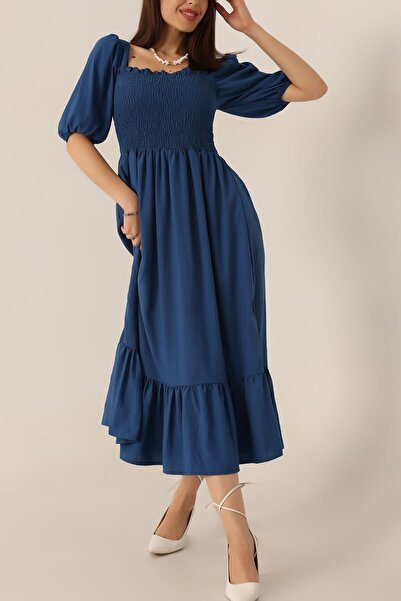 KaSheHa İndigo Kare Yaka Poplin Kumaş Gipeli Balon Kol Bodrum Yazlık Uzun Elbise