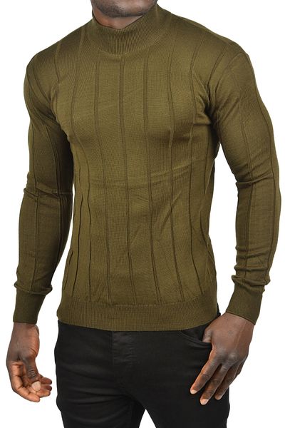 DeepSEA Men's Khaki Slim Fit Lycra Non-Pilling Half Fisherman Stripe Knitwear Half Throat Crash