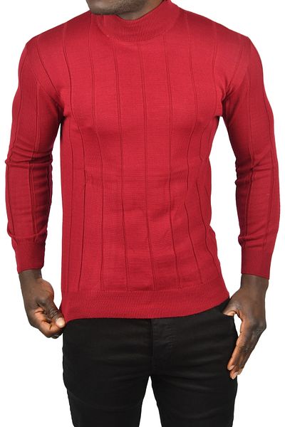 DeepSEA Men's Burgundy Slim Fit Lycra Non Pilling Half Fisherman Striped Knitwear Half Throat Goose