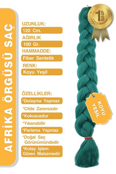 KONAK PERUK Σκούρο πράσινο συνθετικό τρίχωμα για αφρικανικό πλέξιμο Rasta και πλεξούδα κουτιού