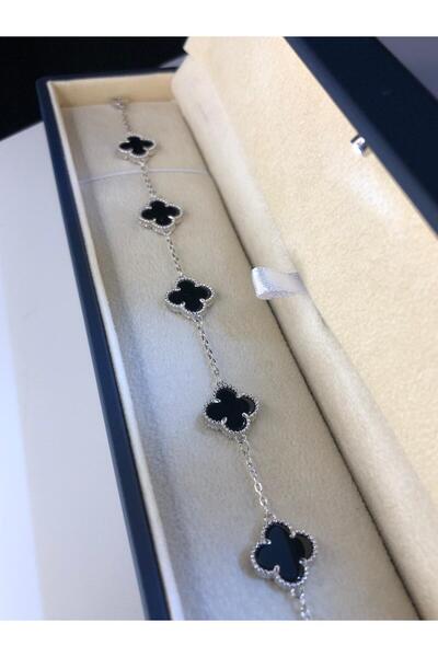 vogutima Erkek Kadın Gümüş Bileklik - 4 Yapraklı Yonca 5'li Siyah Oniks Taşlı • Işıklı Kutuda • Sevgiliye