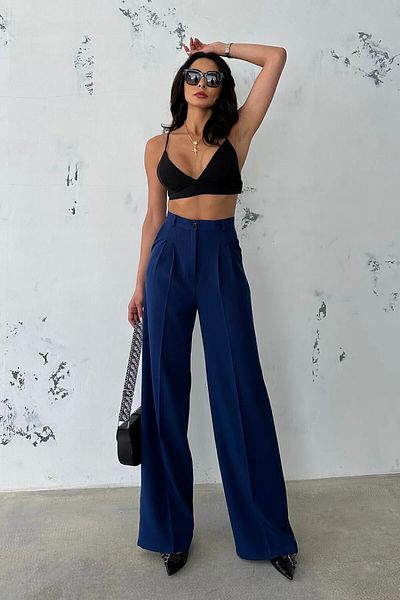 KaSheHa Navy Blue Single Pleated Spring Double Fabric Palazzo Pants 103 cm