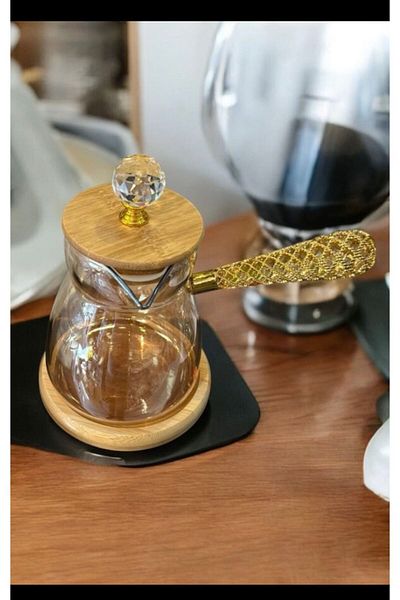 LeesHome Heat Resistant Glass Coffee Pot with Bamboo Lid Gold Handle 450 ml