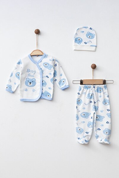 KUZENLER BEBE Bebek Ayıcıklı 3'lü Eldivensiz Yenidoğan Hastane Çıkışı Zıbın Seti Yk5875