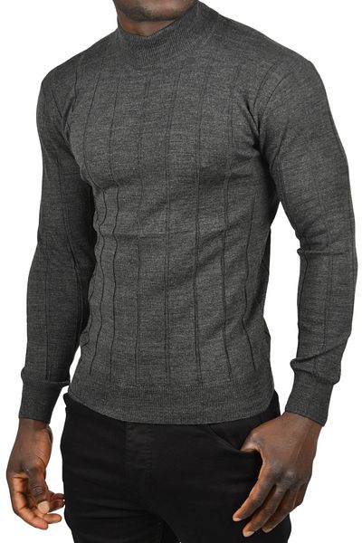 DeepSEA Men's Anthracite Slim Fit Lycra Non Pilling Half Fisherman Stripe Knitwear Half Throat